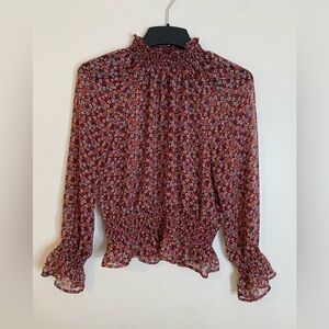 Sheer Burgundy Floral Ruffle Long sleeve Mockneck Women's Top size large
